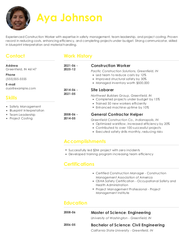 Simple Construction Worker Resume Template: Yellow color