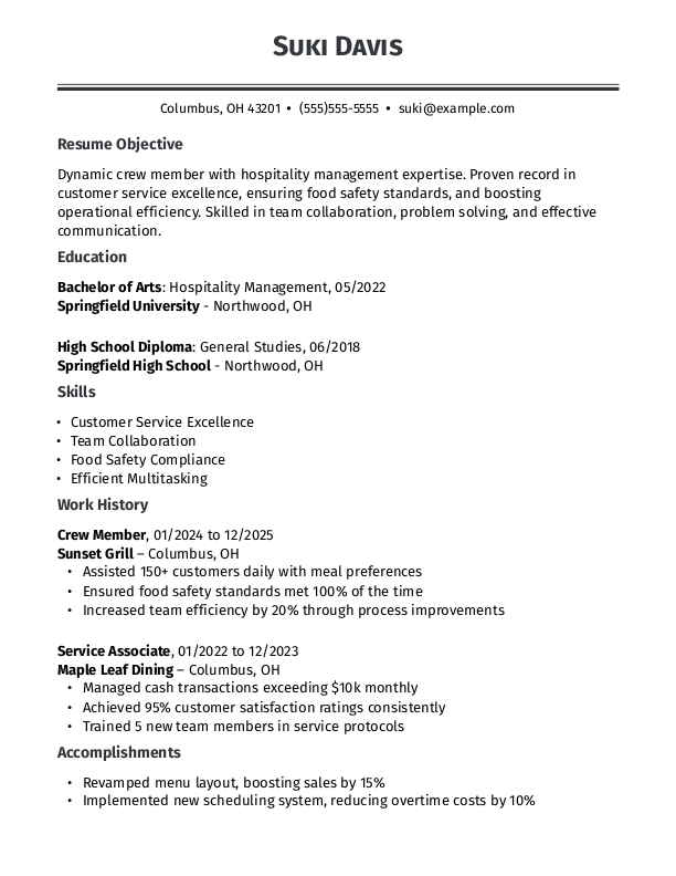 Simple Crew Member Resume Template: Gray color