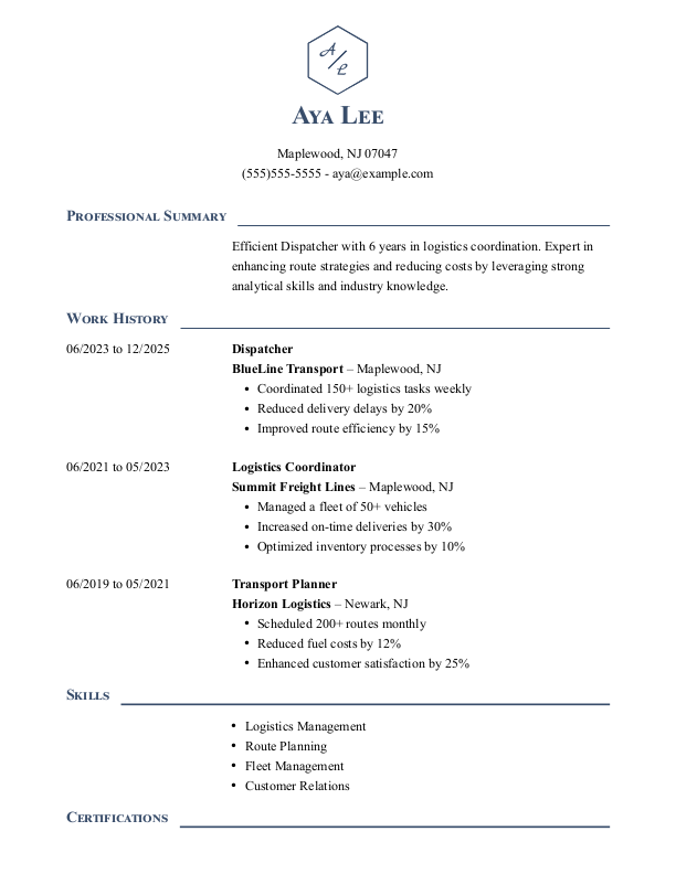 Simple Dispatcher Resume Template: Blue color
