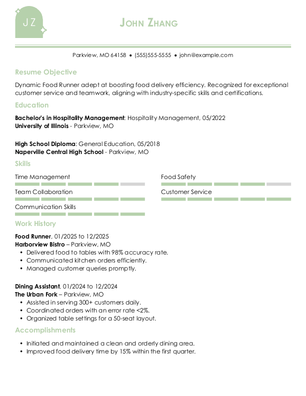 Simple Food Runner Resume Template: Green color