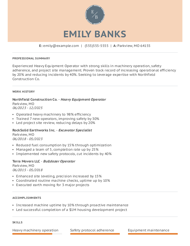 Simple Heavy Equipment Operator Resume Template: Orange color