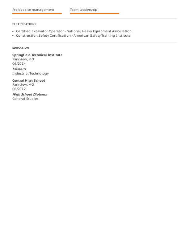 Simple Heavy Equipment Operator Resume Template: Orange color-2