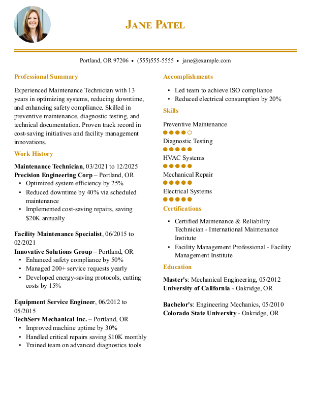 Simple Maintenance Technician Resume Template: Yellow color