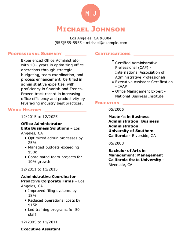 Simple Office Administrator Resume Template: Pink color