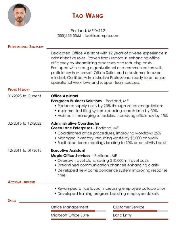 Simple Office Assistant Resume Template: Red color