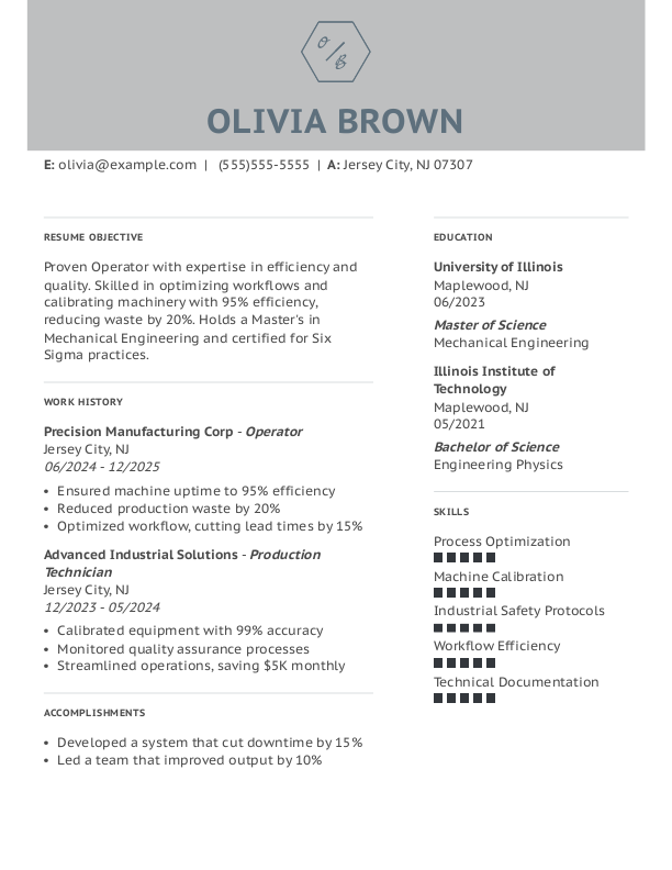 Simple Operator Resume Template: Gray color