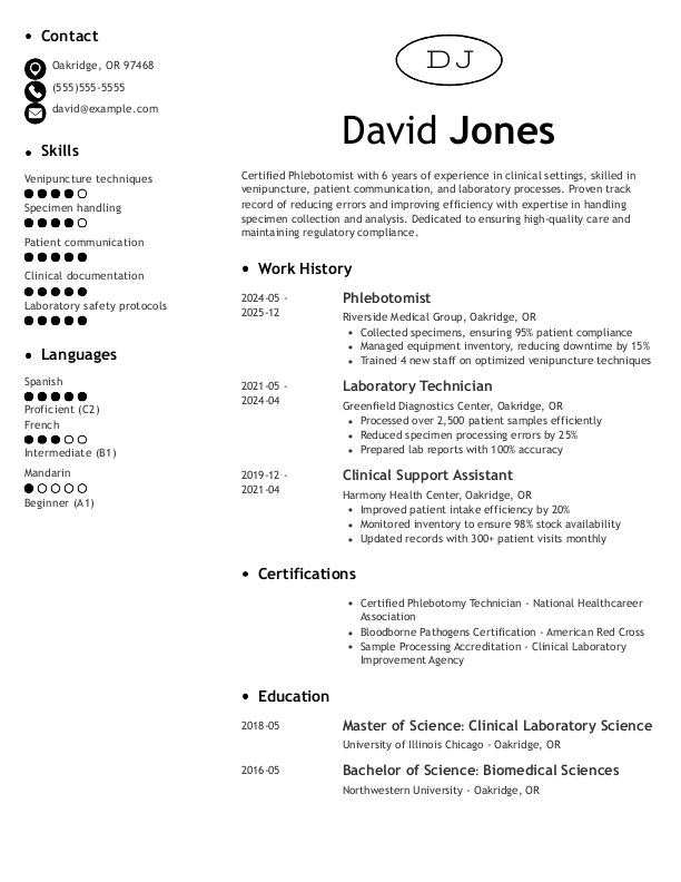 Simple Phlebotomist Resume Template: Black color