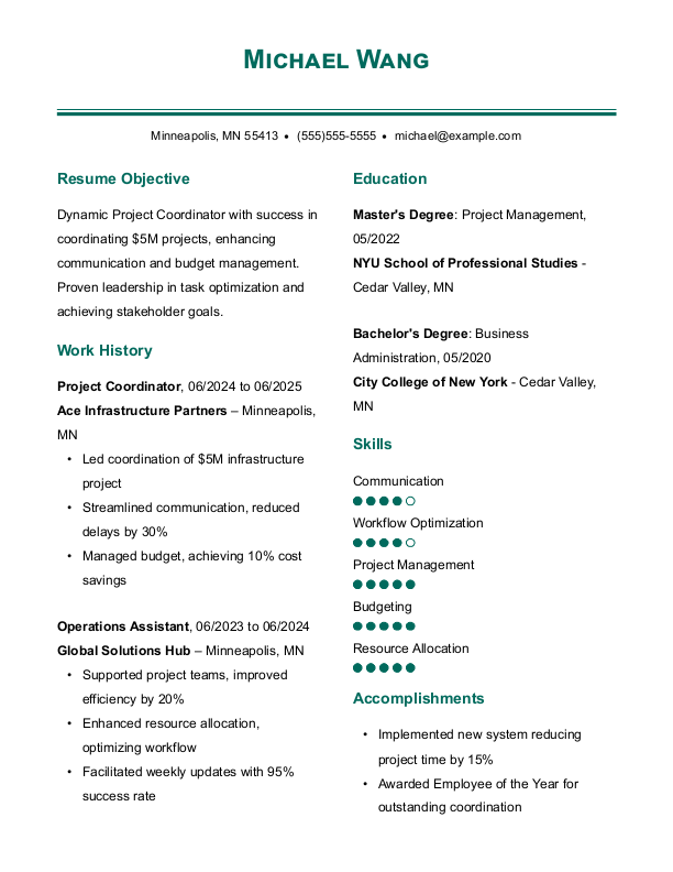 Simple Project Coordinator Resume Template: Green color