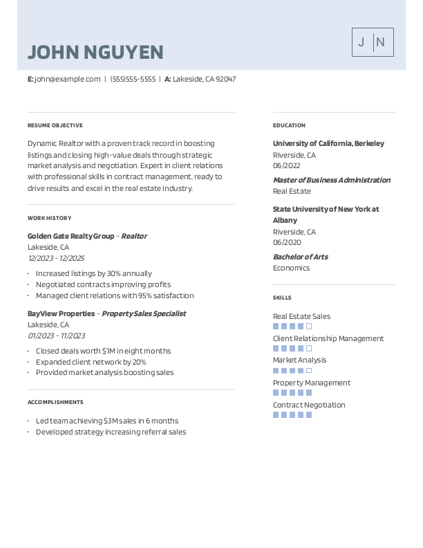 Simple Realtor Resume Template: Blue color