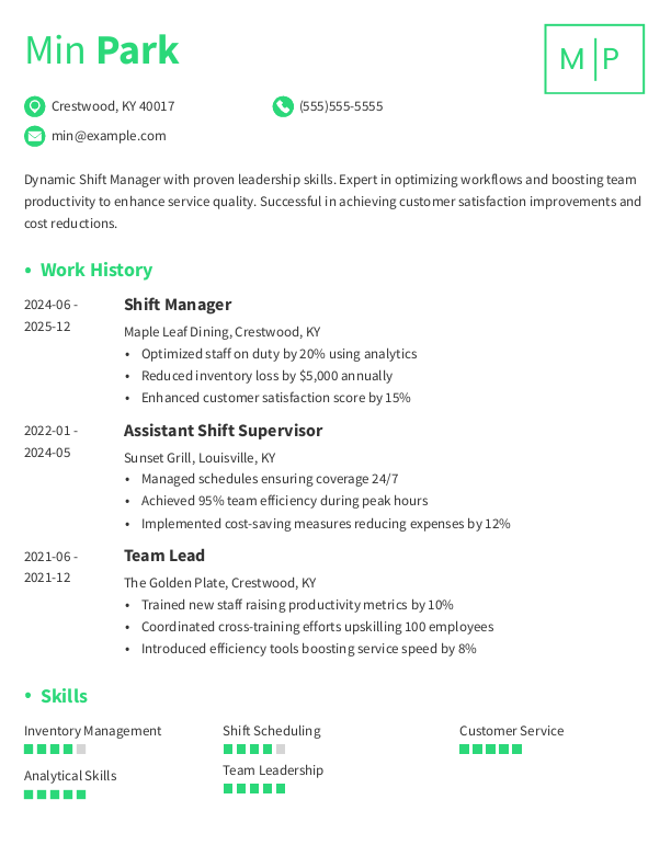 Simple Shift Manager Resume Template: Green color