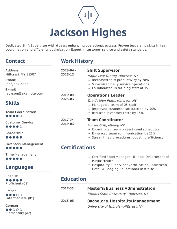Simple Shift Supervisor Resume Template: Blue color