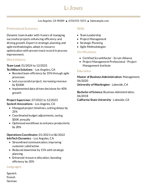 Simple Team Lead Resume Template: Yellow color