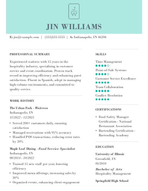 Simple Waitress Resume Template: Green color