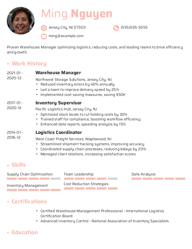 Simple Warehouse Manager Resume Template: Pink color