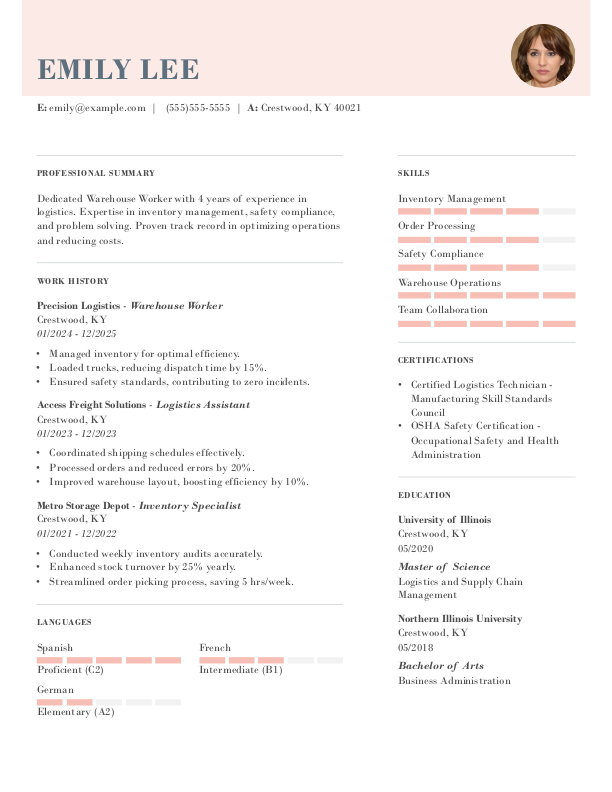 Simple Warehouse Worker Resume Template: Pink color