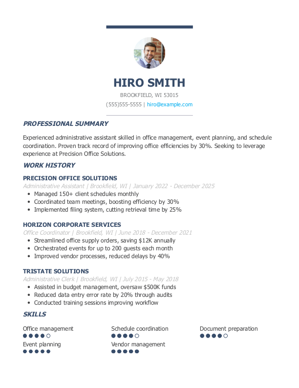 Traditional Administrative Assistant Resume Template: Blue color