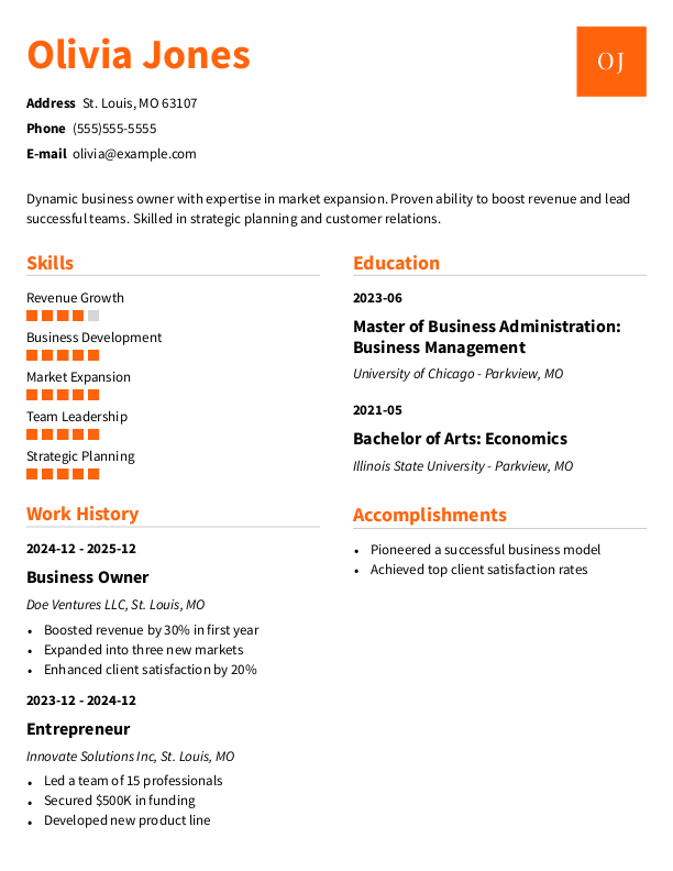 Traditional Business Owner Resume Template: Orange color
