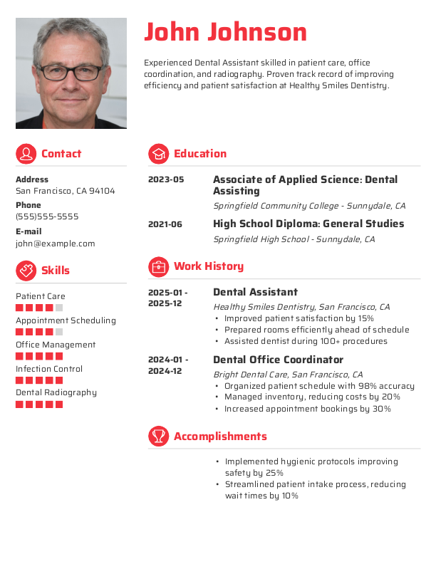 Traditional Dental Assistant Resume Template: Red color