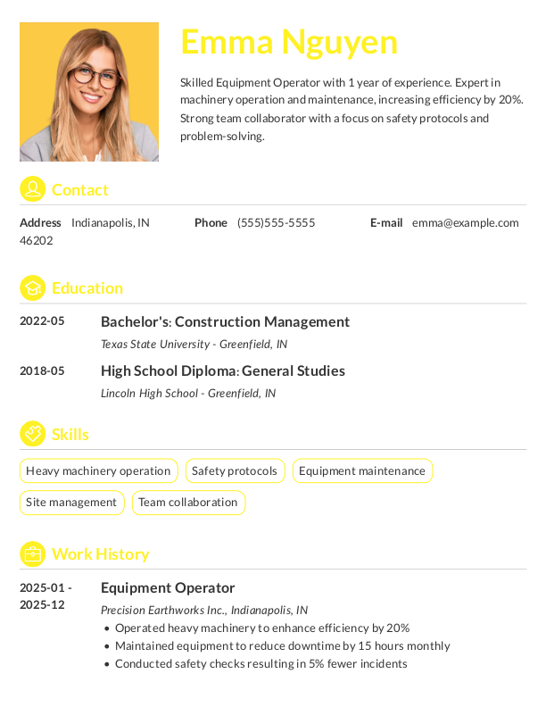 Traditional Equipment Operator Resume Template: Yellow color