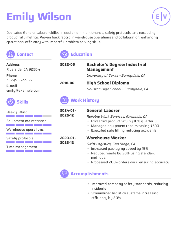Traditional General Laborer Resume Template: Purple color