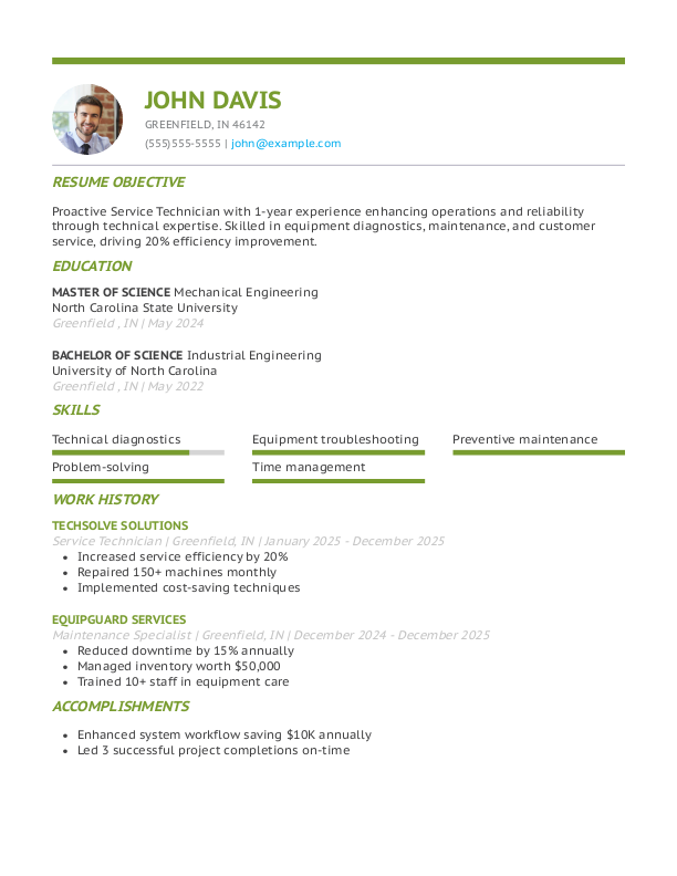 Traditional Service Technician Resume Template: Green color