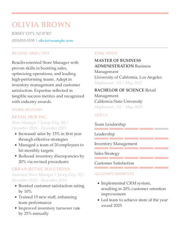 Traditional Store Manager Resume Template: Pink color