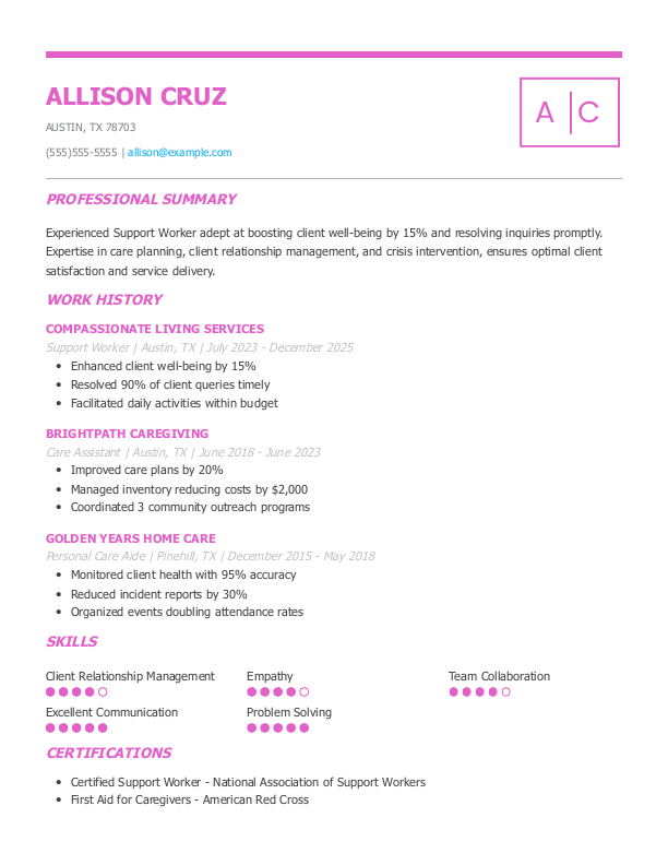 Traditional Support Worker Resume Template: Pink color