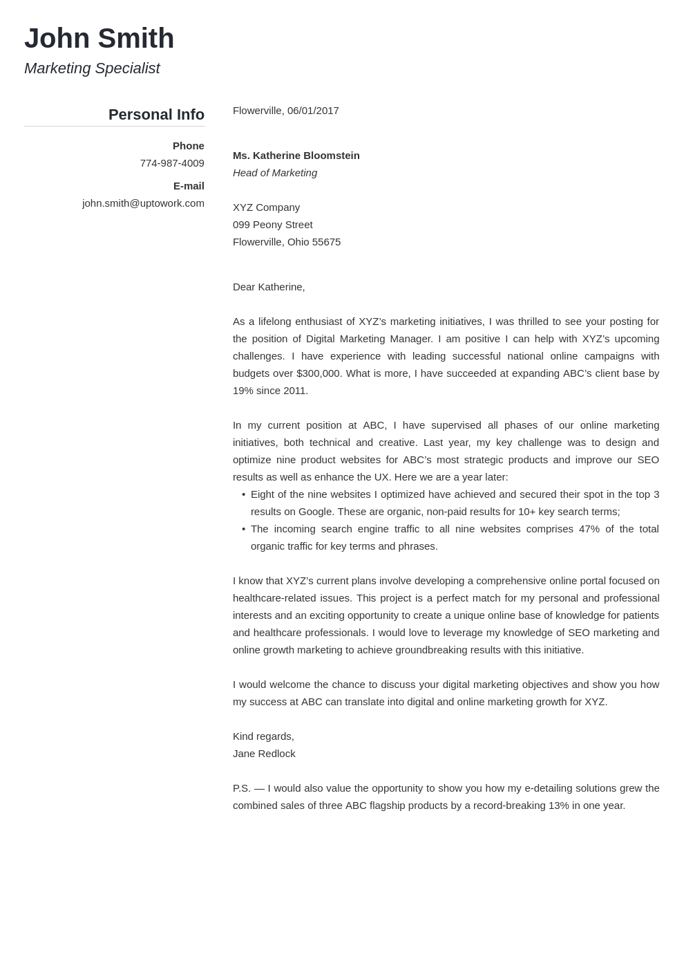 cover letter template for online application